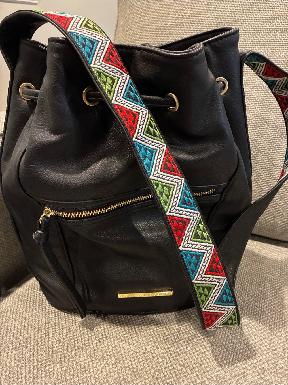 Steve Madden Bucket Bag with Tasseled drawstring closure & Tribal Strap, Black